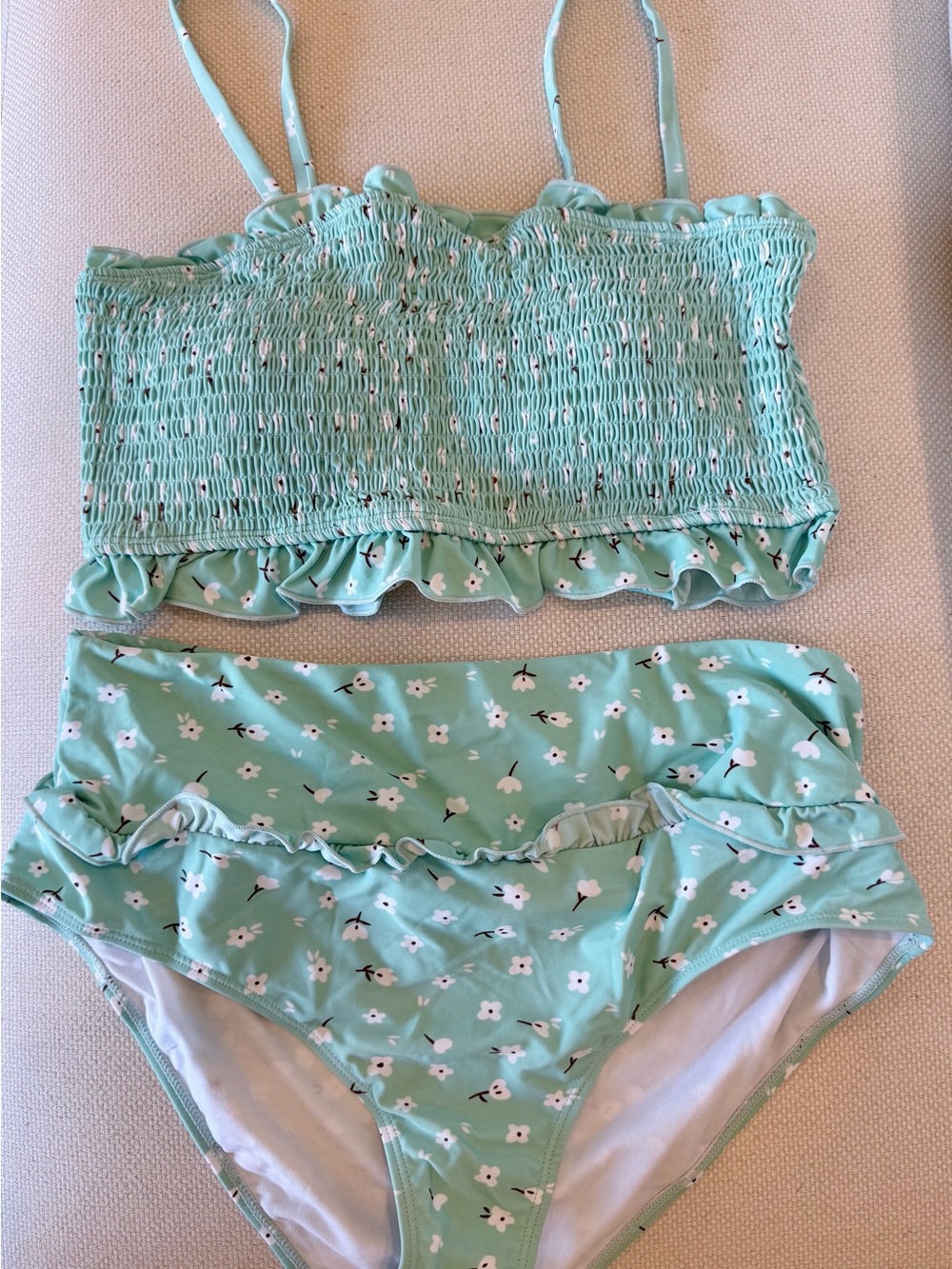 Smocked Ruffle Bandeau Bikini Set in Mint Floral - Women